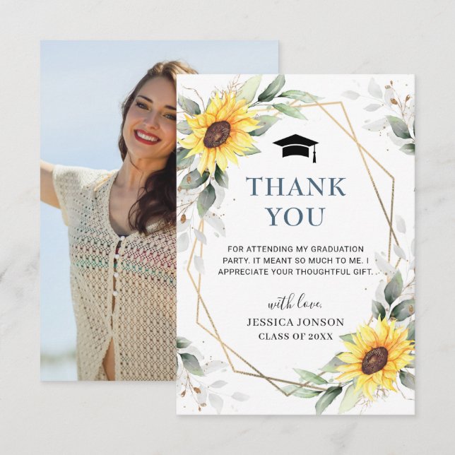 Tarjeta De Agradecimiento Elegante Sunflowers Eucalyptus Photo Graduation (Anverso / Reverso)