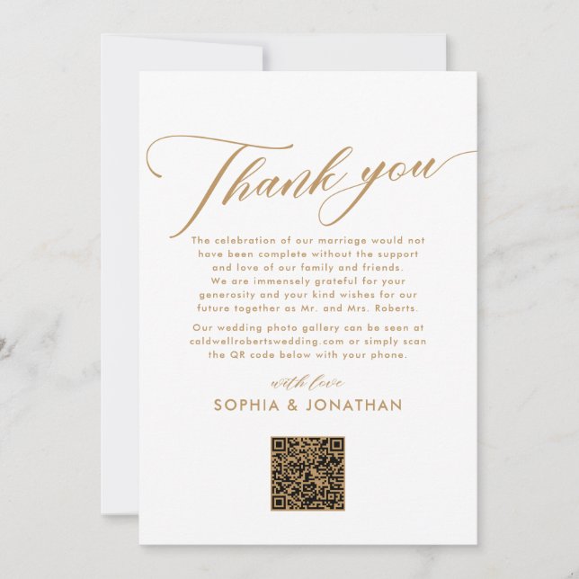 Tarjeta De Agradecimiento Elegante tabla Boda de caligrafía de oro (Anverso)