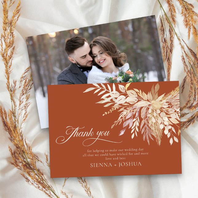 Tarjeta De Agradecimiento Elegante Terracota Cream Foliage Duet Photo (Elegant terracotta Wedding photo thank you card - Foliage Duet Wedding Collection)