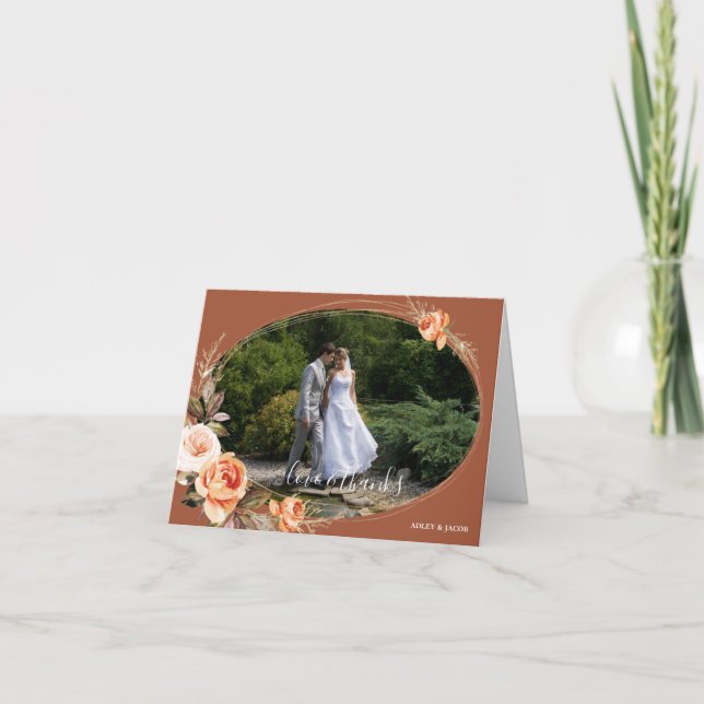 Tarjeta De Agradecimiento Elegante Terracota Foto Boho Boho Floral Fall Wedd (Anverso)