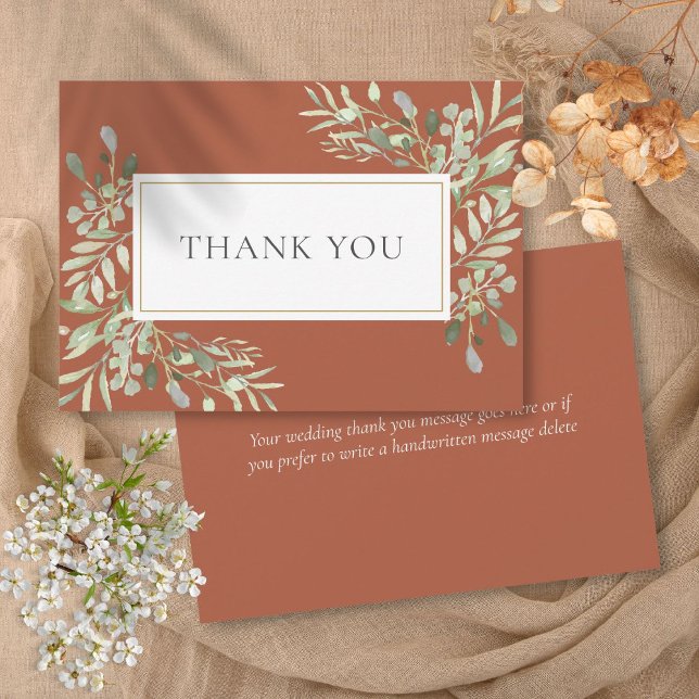 Tarjeta De Agradecimiento Elegante Terracota Greenery deja Boda (Elegant Terracotta Greenery Leaves Wedding Thank You Card)