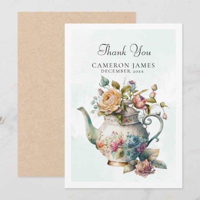 Tarjeta De Agradecimiento Elegante tetera de acuarela Fiesta de té floral (Anverso / Reverso)