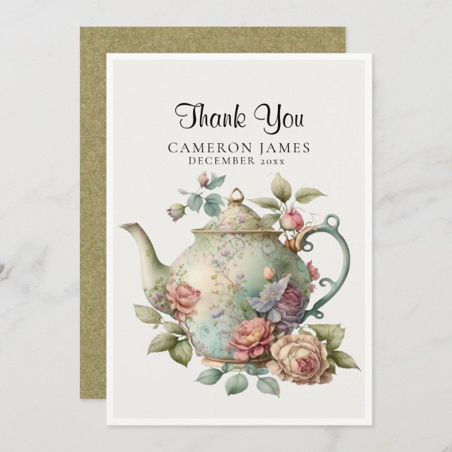 Tarjeta De Agradecimiento Elegante tetera de acuarela Fiesta del té floral (Anverso / Reverso)