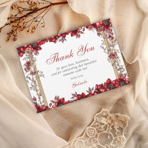 Tarjeta De Agradecimiento Elegante Tiara Floral Roja Dorada Quinceañera