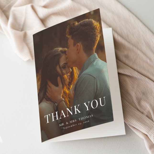 Tarjeta De Agradecimiento Elegante Tipo Mínimo Foto Boda  (Simple Elegant Typography Photo Wedding Thank You Card.)