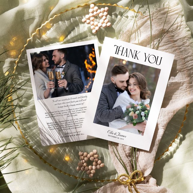 Tarjeta De Agradecimiento Elegante tipografía foto de boda de invierno (Wedding Photo Thank you card from the Holly Bells Wedding Collection by Darling and May)