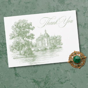 Tarjeta De Agradecimiento Elegante Toile de Verde Salvia para Boda en Mansió