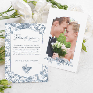 Tarjeta De Agradecimiento Elegante toile floral azul francés grabado