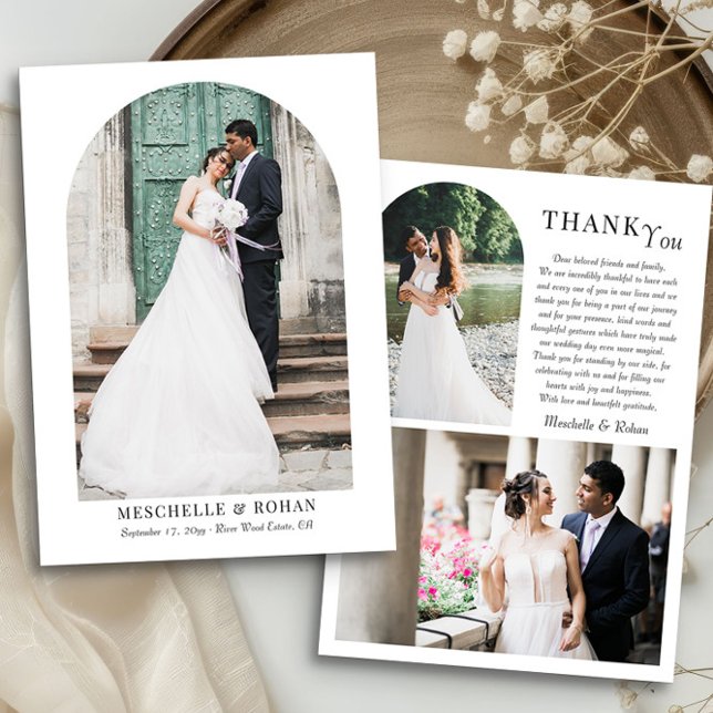 Tarjeta De Agradecimiento Elegante trío fotográfico de Boda arcánico (Elegant Arches wedding photo thank you card by Darling & May)