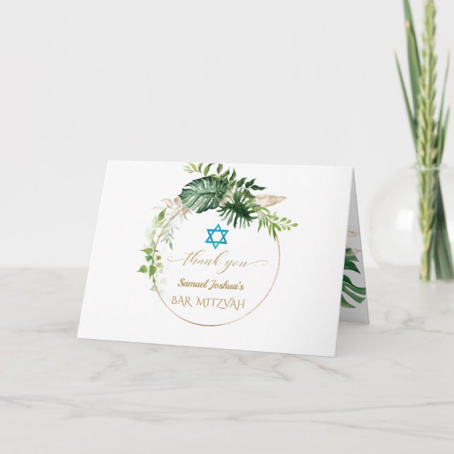 Tarjeta De Agradecimiento Elegante Tropical Leaves Gold Photo Bar Mitzvah (Anverso)
