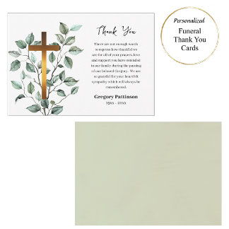 Tarjeta De Agradecimiento Elegante Vegetación Cruz de Cobre Funeral Católico