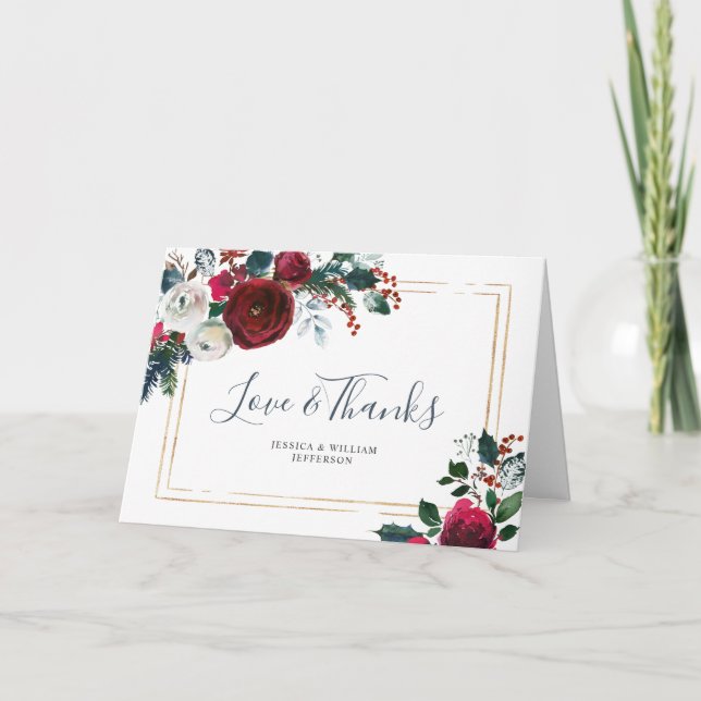 Tarjeta De Agradecimiento Elegante vegetación de Rosas de invierno de Borgoñ (Anverso)