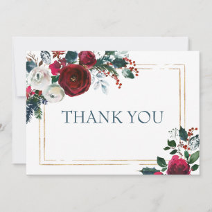 Tarjeta De Agradecimiento Elegante vegetación de Rosas de invierno de Borgoñ