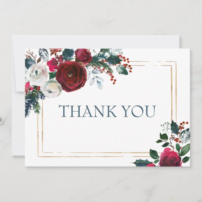 Tarjeta De Agradecimiento Elegante vegetación de Rosas de invierno de Borgoñ (Anverso)