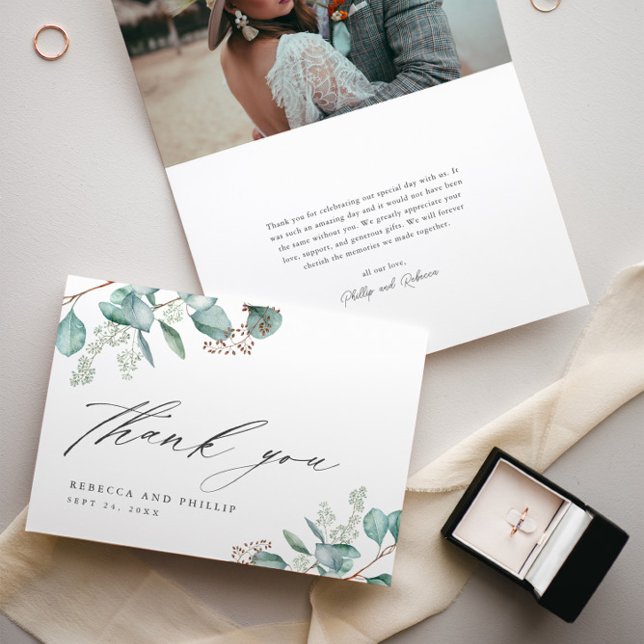 Tarjeta De Agradecimiento Elegante vegetación Eucalyptus Foto Boda (Elegant Eucalyptus Greenery Script Wedding Photo Thank You Cards.)