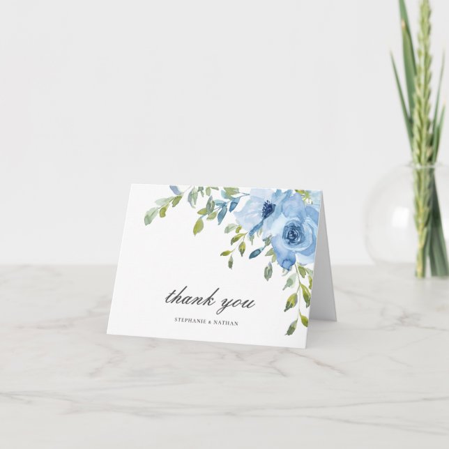 Tarjeta De Agradecimiento Elegante vegetación floral azul (Anverso)