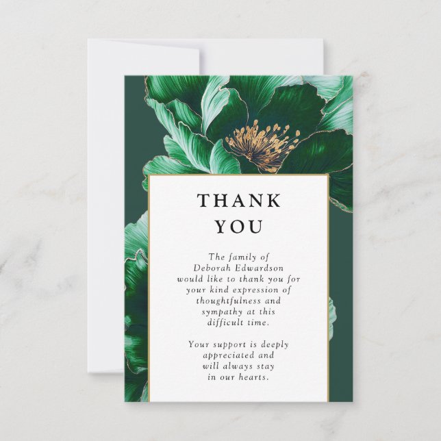 Tarjeta De Agradecimiento Elegante Verde Celebración Floral Del Funeral De L (Anverso)