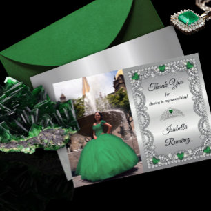 Tarjeta De Agradecimiento Elegante Verde Esmeralda   Corona de Diamantes Qui