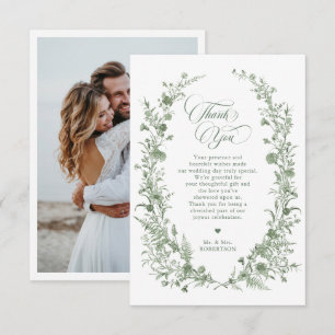 Tarjeta De Agradecimiento Elegante Verde Sage Vintage Clásico Floral Boda