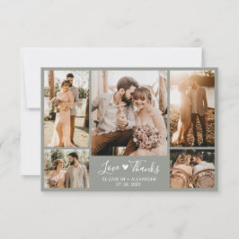 Tarjeta De Agradecimiento Elegante Verde Salvia Chic Collage de 5 Fotos Boda