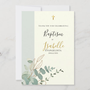 Tarjeta De Agradecimiento Elegante Verde Salvia Oro Eucalipto Bautizo