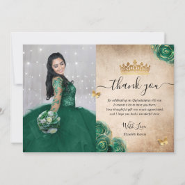 Tarjeta De Agradecimiento Elegante Verde y Dorado Quinceañera Foto Cumpleaño