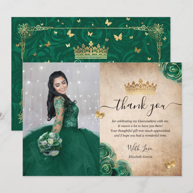 Tarjeta De Agradecimiento Elegante Verde y Dorado Quinceañera Foto Cumpleaño (Anverso / Reverso)
