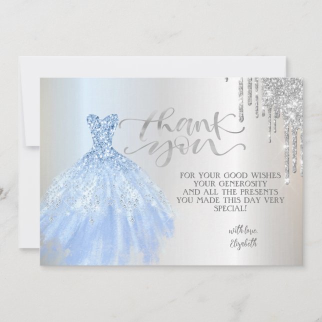 Tarjeta De Agradecimiento Elegante vestido de Moda de goteo plateado (Anverso)
