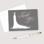 Tarjeta De Agradecimiento Elegante vestido de novia de carbón rosa para duch<br><div class="desc">Tarjetas elegantes de agradecimiento para ducha de novia o boda con fuente de letra de caligrafía ornamentada y vestido de novia fluido para la novia con estilo. Detalles de florituras, flores y mariposas acentúan el vestido etéreo. El formato de tarjeta plegada incluye espacio en el interior para un mensaje manuscrito....</div>
