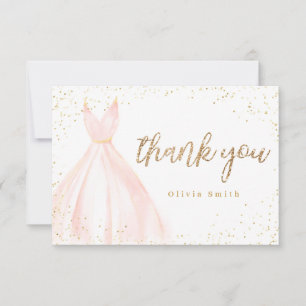 Tarjeta De Agradecimiento Elegante vestido de quinceañera rosa dorado con br