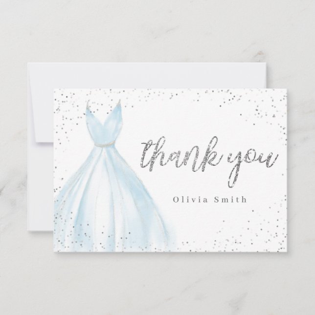 Tarjeta De Agradecimiento Elegante vestido purpurina azul plateado quinceañe (Anverso)