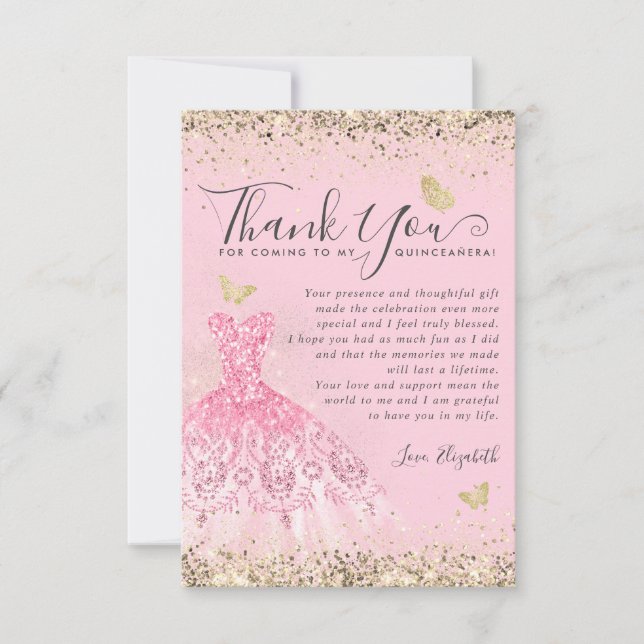 Tarjeta De Agradecimiento Elegante vestimenta Purpurina Rubor Rosa Gold Quin (Anverso)