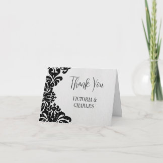 Tarjeta De Agradecimiento Elegante Vintage Moderno Negro Damask Boda