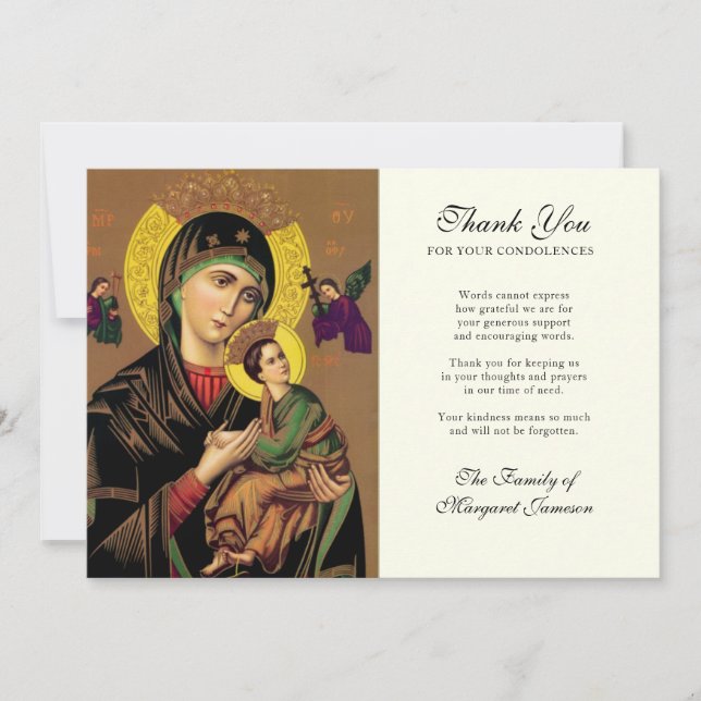 Tarjeta De Agradecimiento Elegante Virgen Católica María Condolencia Gracias (Anverso)