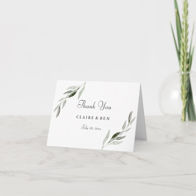 Tarjeta De Agradecimiento Elegante Watercolor Green Leaf Boda Gracias (Anverso)