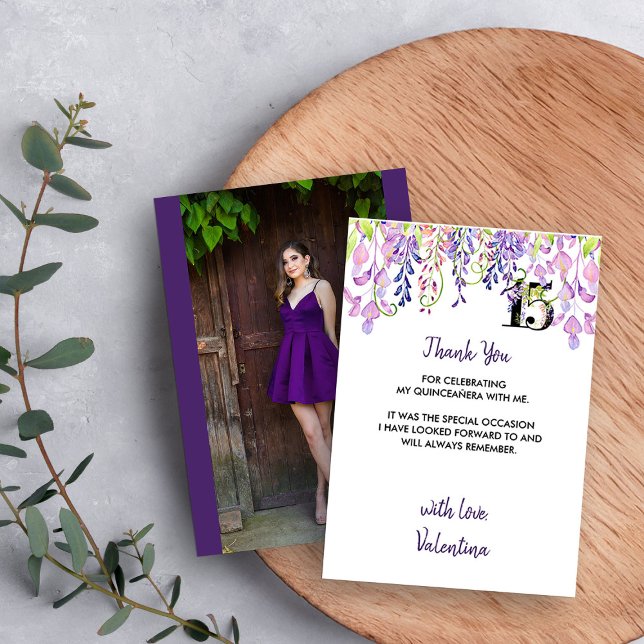 Tarjeta De Agradecimiento Elegante Wisteria Púrpura Quinceanera Foto (Photo Thank You Card from my Purple Wisteria Quinceanera Collection
)
