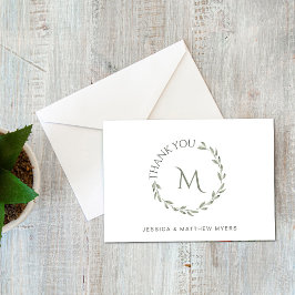 Tarjeta De Agradecimiento Elegante Wreath Green con Monograma y Nombres