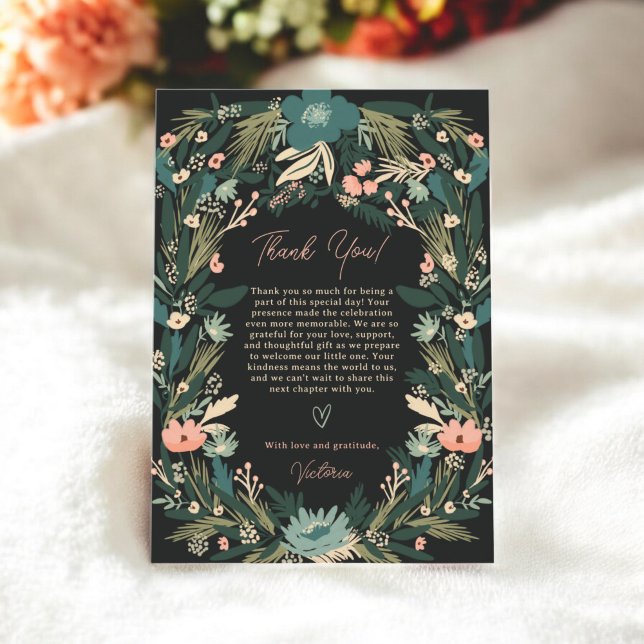 Tarjeta De Agradecimiento Elegante y caprichosa Baby Shower floral rosa verd (Whimsical Elegant Green Pink Floral Baby Shower Thank You Card)