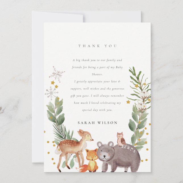 Tarjeta De Agradecimiento Elegante y elegante Baby Shower de leafy animal de (Anverso)