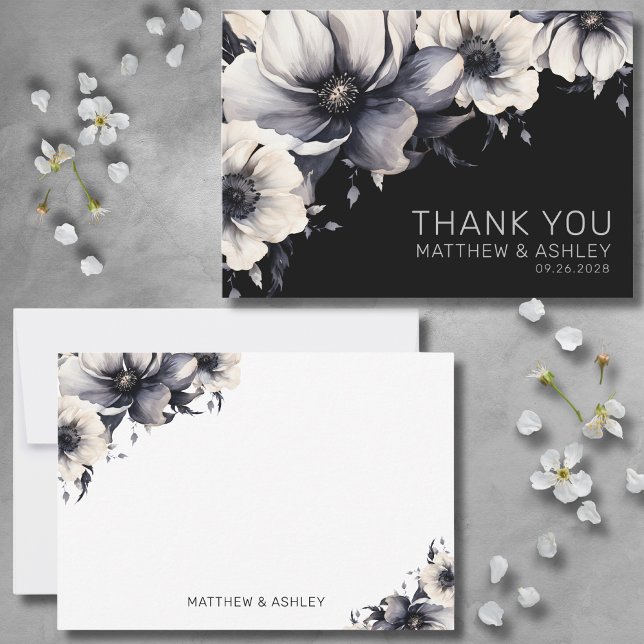 Tarjeta De Agradecimiento Elegante y elegante Boda floral negro (Stylish Modern Elegant Floral Black White Wedding Thank You Card)