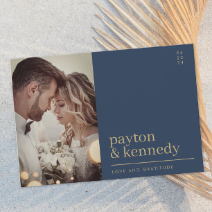 Tarjeta De Agradecimiento Elegante y elegante foto azul y dorada de la Marin