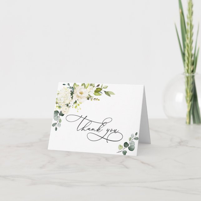 Tarjeta De Agradecimiento Elegante y simple Eucalipto Floral de rosas blanca (Anverso)