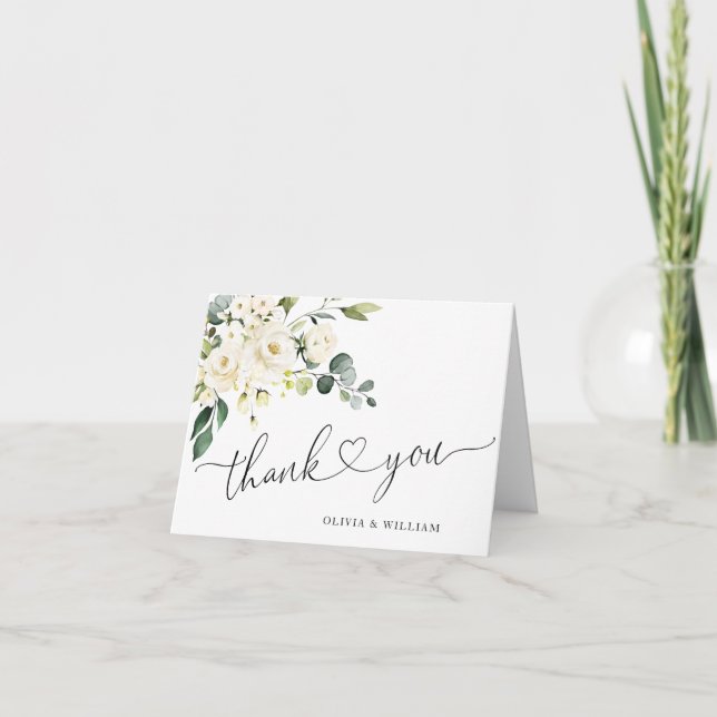 Tarjeta De Agradecimiento Elegante y simple Eucalipto Floral de rosas blanca (Anverso)