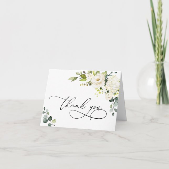Tarjeta De Agradecimiento Elegante y simple Eucalipto Floral de rosas blanca (Anverso)