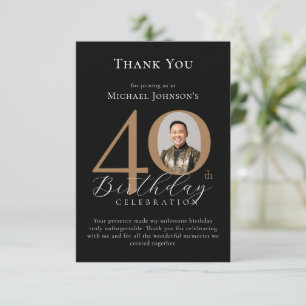 Tarjeta De Agradecimiento Elegante y simple foto de oro negro 40 cumpleaños