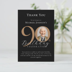 Tarjeta De Agradecimiento Elegante y simple foto de oro negro 90 cumpleaños
