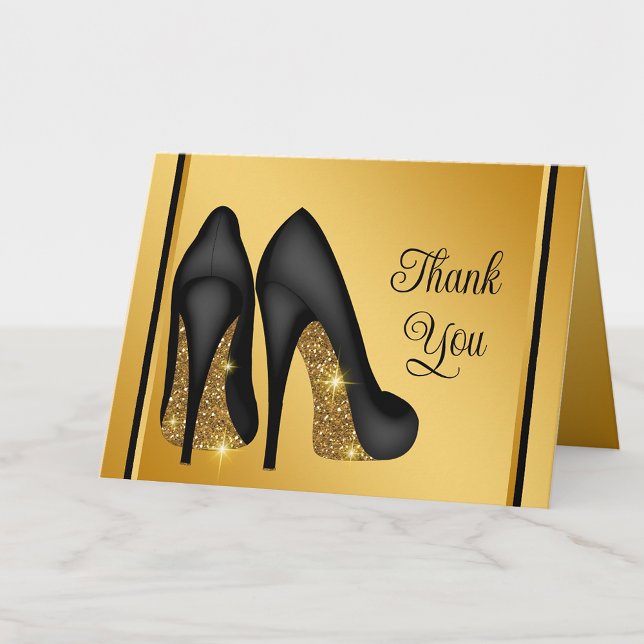 Tarjeta De Agradecimiento Elegante Zapato de tacón de oro negro (Add your message or leave blank for your handwritten message.)