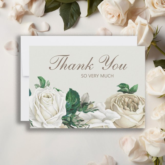 Tarjeta De Agradecimiento Elegantes Bodas de Crema Blanca de Marfil Gracias (Elegant white roses and greenery wedding Thank You card)