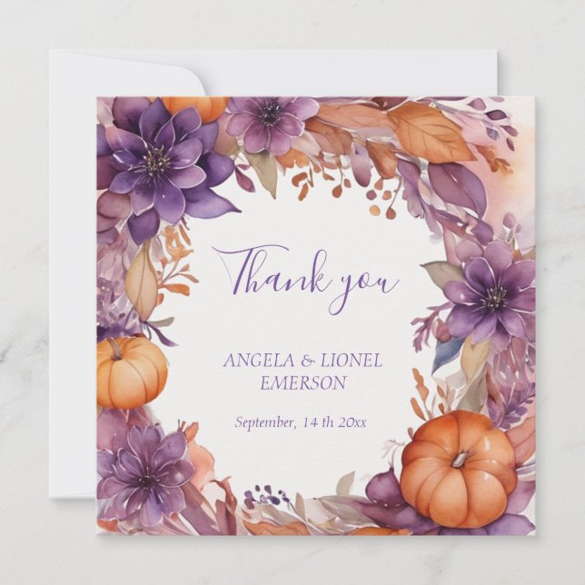Tarjeta De Agradecimiento Elegantes calabazas Boda de flores moradas (Anverso)