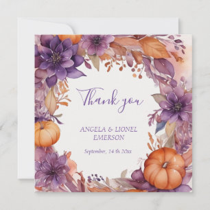 Tarjeta De Agradecimiento Elegantes calabazas Boda de flores moradas